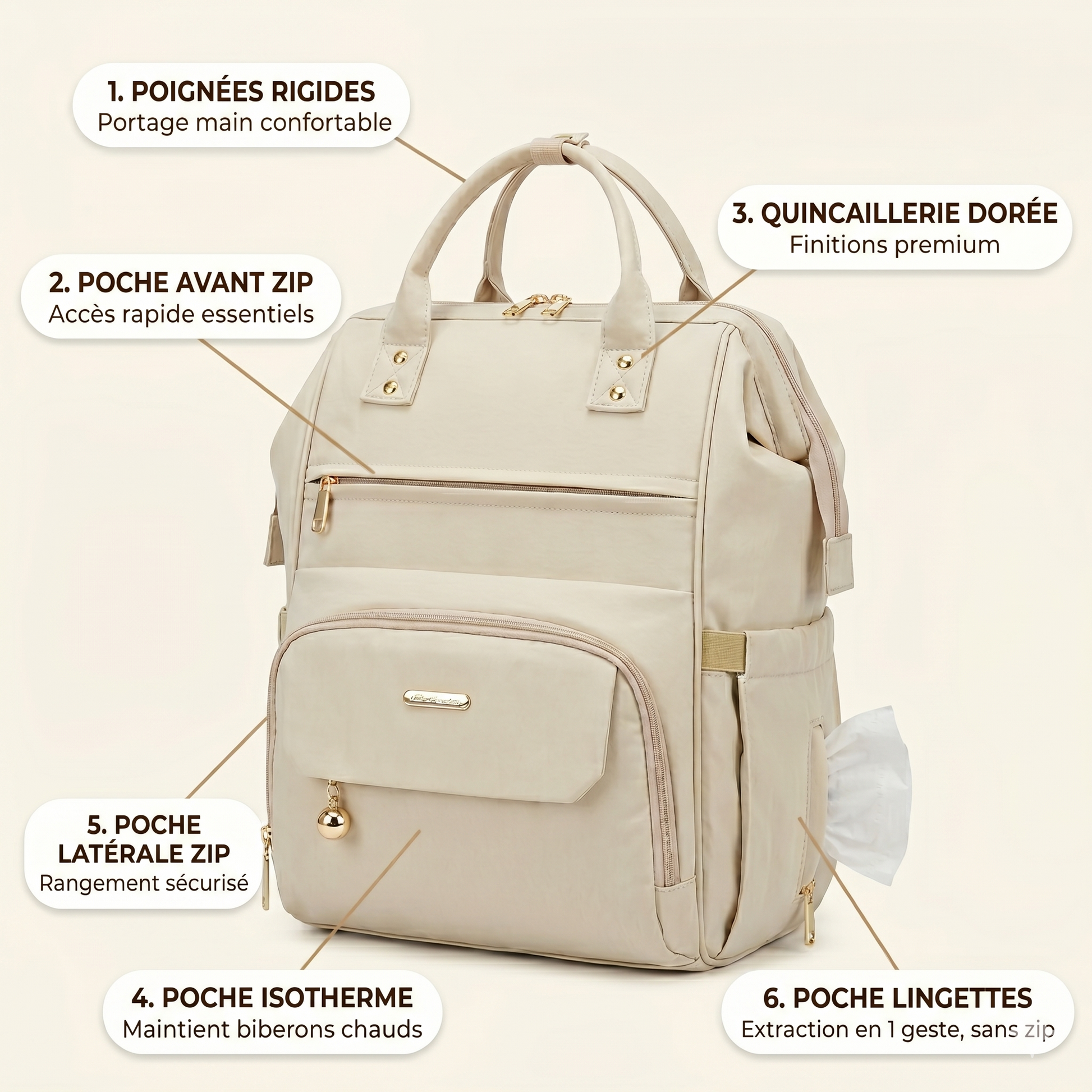 Sac à langer multifonction NEVA PARIS poche isotherme biberon, poche lingettes accès rapide et quincaillerie dorée premium