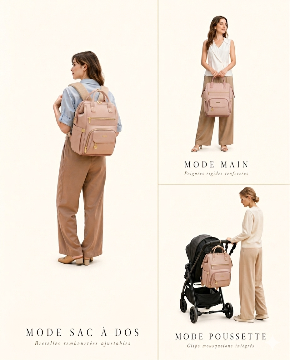 Sac à langer NEVA Paris rose poudré présenté en 3 modes de portage : sac à dos, main et poussette