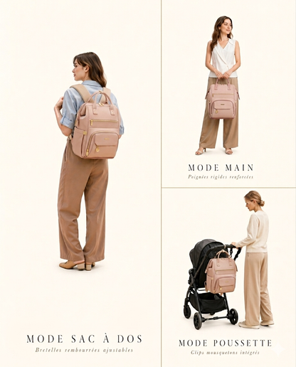 Sac à langer NEVA Paris rose poudré présenté en 3 modes de portage : sac à dos, main et poussette