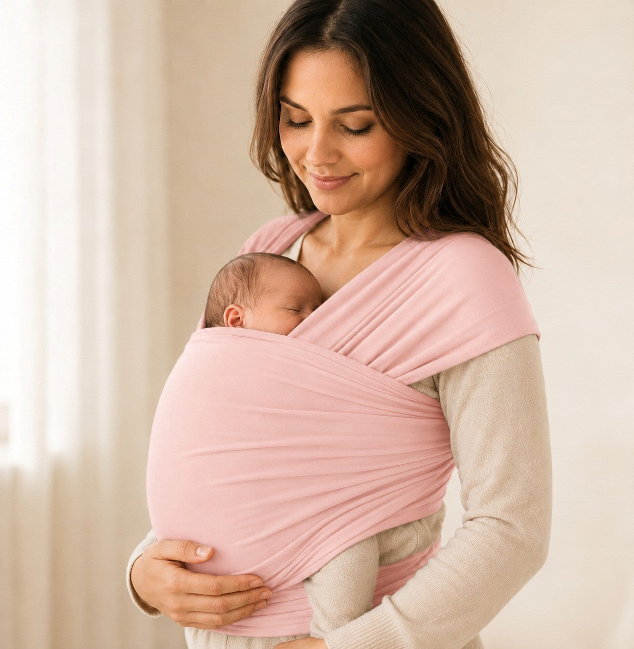 Écharpe de portage extensible rose NEVA portée par une maman avec bébé
