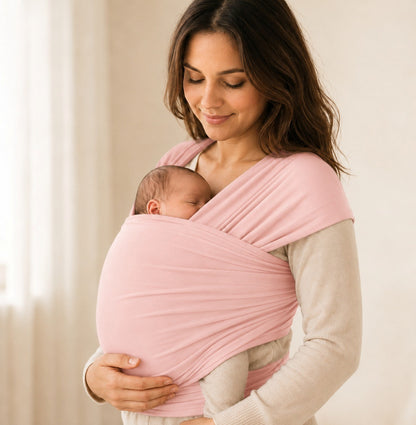 Écharpe de portage extensible rose NEVA portée par une maman avec bébé